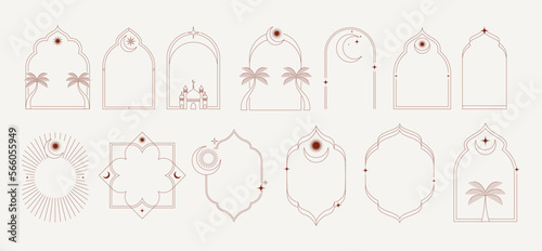 Collection of minimal linear style Islamic windows and arches with modern boho design, moon, mosque dome and lanterns. Minimalistic illustrations