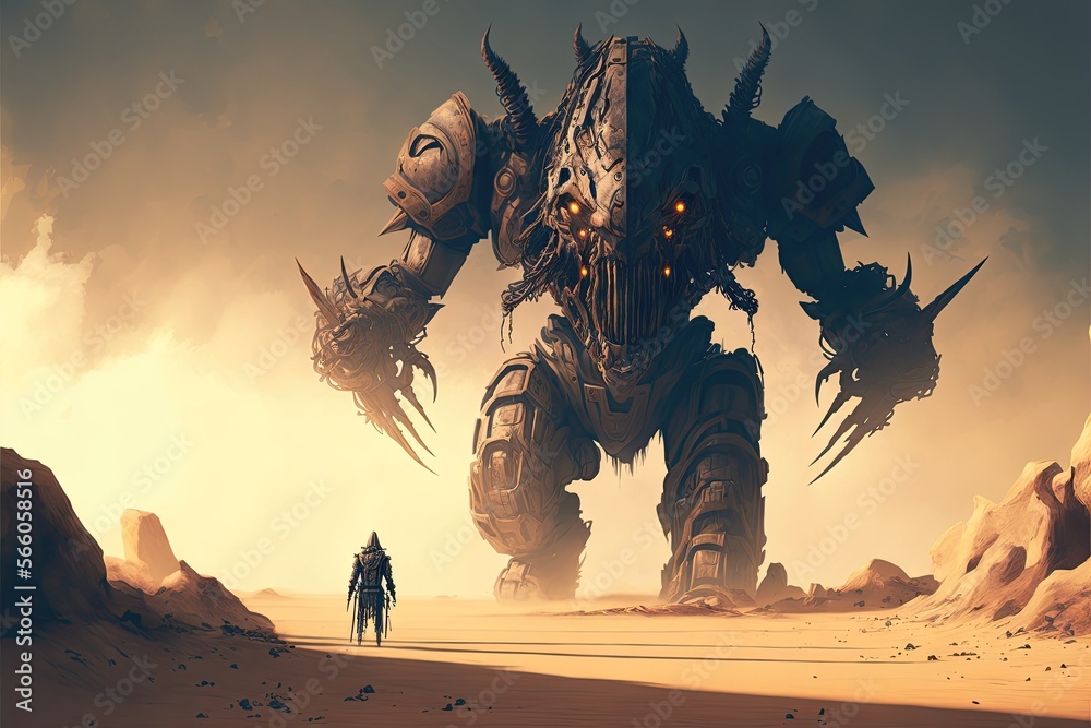 Apocalypse warrior facing a giant mechanical beast in desert, digital painting style - AI Generated