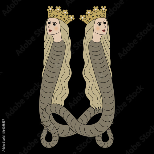Symmetrical design with two fantastic female snakes in royal crowns. Medieval illuminated manuscript motif. Mythological creature. Lilith or Lamia. On black background.