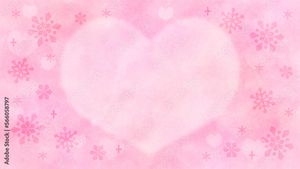 バレンタインに使える雪の結晶とピンクのハートの円ボケ背景イラスト