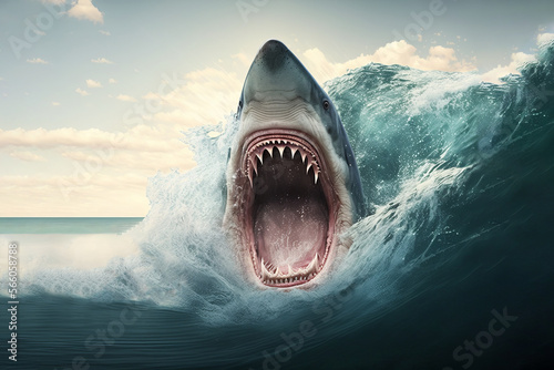 Shark with an open mouth and big teeth  as a digital illustration  Generative AI 