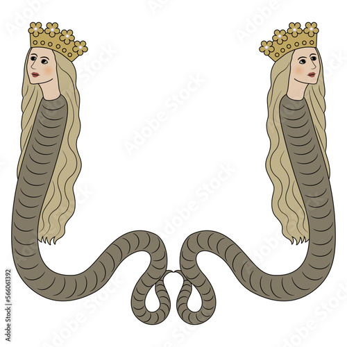 Symmetrical design with two fantastic female snakes in royal crowns. Medieval illuminated manuscript motif. Mythological creature. Lilith or Lamia.