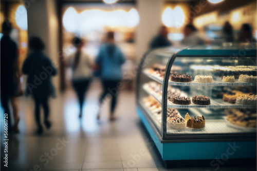 bakery pastry shop in a shopping center, blurred people in the background, generative ai.