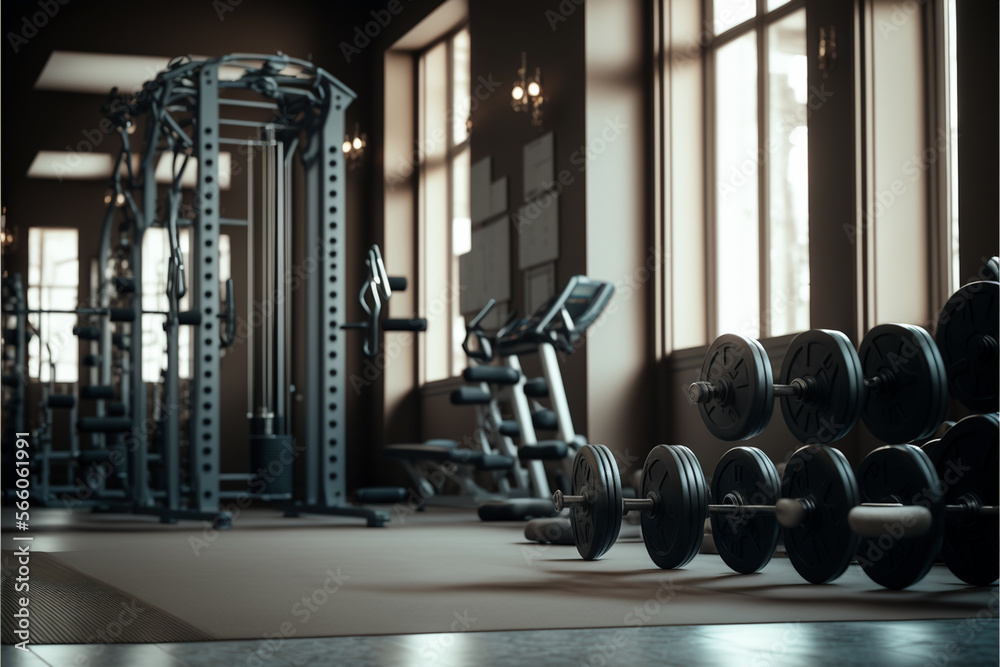 Naklejka premium Fitness gym indoor backgound, with free weights, dumbbells, treadmills, generative ai.