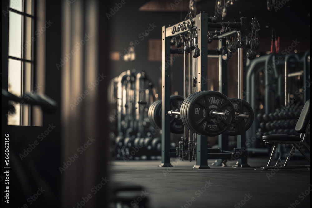 Obraz premium Fitness gym indoor backgound, with free weights, dumbbells, treadmills, generative ai.