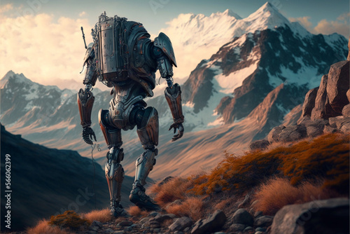 robot of the future hiking in mountains, generative ai.