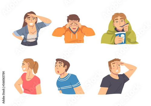 Man and Woman Looking and Focusing at Something Interesting Vector Set