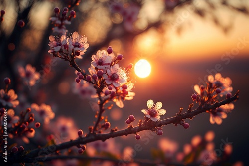 closeup of cherry blossom at sunset made with Generative AI
