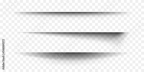 Collection of paper shadow effects isolated on transparent background. Realistic horizontal divider lines. Notebook sheet, book page, card, flyer, banner, poster with soft edges. Vector illustration