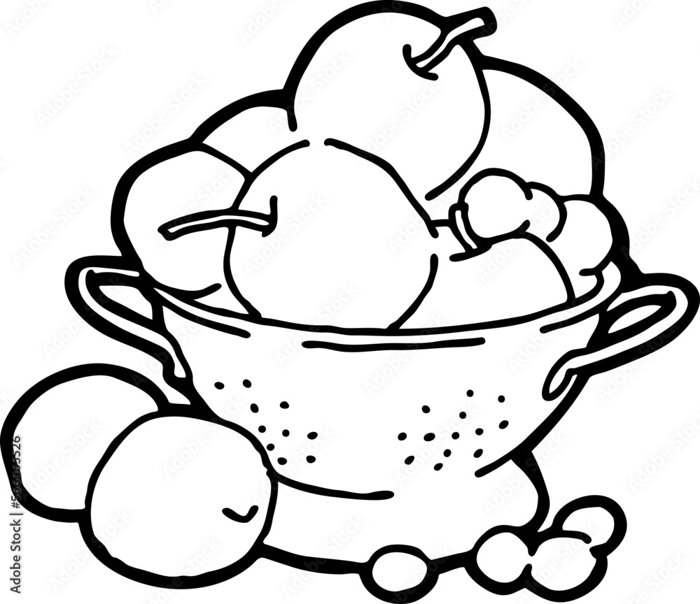 Tasty fresh fruits and vegetables in basket for healthy eating, vegan and vegetarian lifestyle. Garden harvest, market shopping, grocery store. Hand drawn illustration. Cartoon vintage vector drawing. Tasty fresh fruits and vegetables in basket for healthy eating, vegan and vegetarian lifestyle. Garden harvest, market shopping, grocery store. Hand drawn illustration. Cartoon vintage vector drawing.