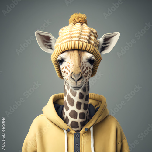Generative AI illustration of a giraffe dressed in winter