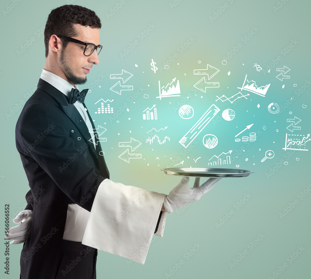 Handsome young waiter in tuxedo holding money icons on tray Handsome young waiter in tuxedo holding money icons on tray