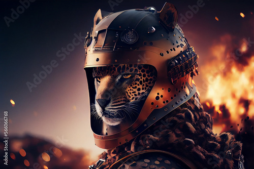 Portrait of leopard in a metal Helmet and War suit. Created with Generative AI technology photo