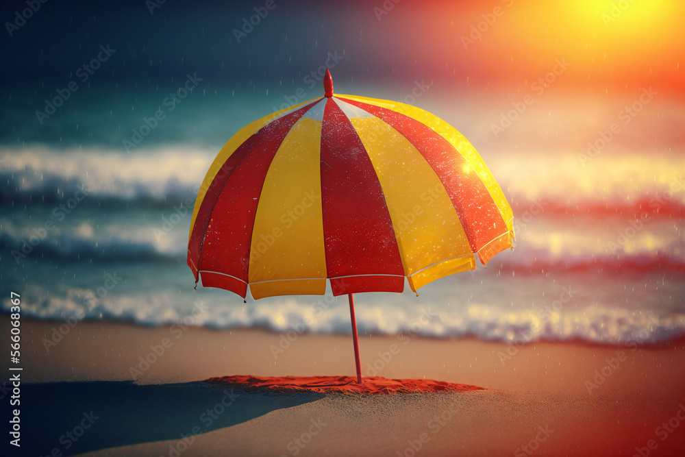 Striking red and yellow beach umbrella with a view of the sparkling summer sea