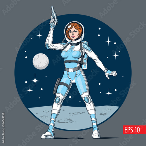 Pin up girl astronaut with blaster gun standing on the Moon another planet. Classic comic book style vector illustration.