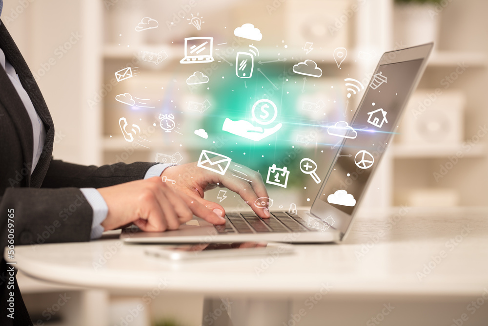 Fototapeta premium Businessman working on laptop with new business concept