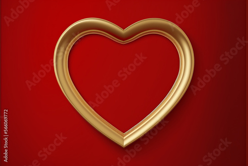 Valentines day golden heart frame on red background
