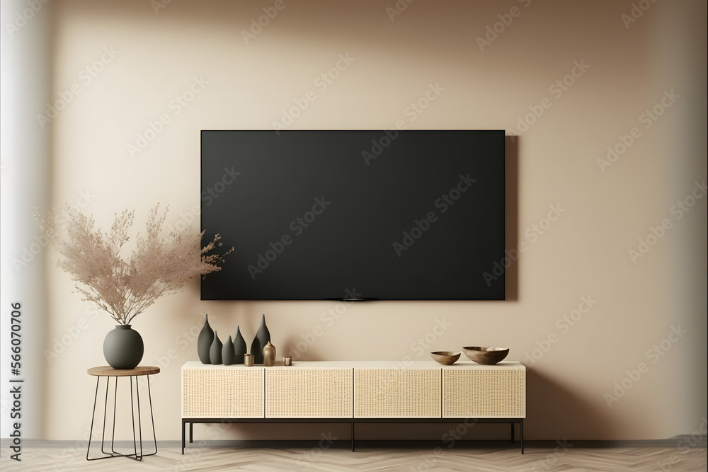 Smart TV on the cream color wall in living room,minimal design. Smart TV on the cream color wall in living room,minimal design.