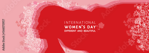 International women`s Day, different and beautiful, vector greeting banner, flyer, poster, background with female face, head, long hair silhouette, line drawn decorative flowers branches, spring grass