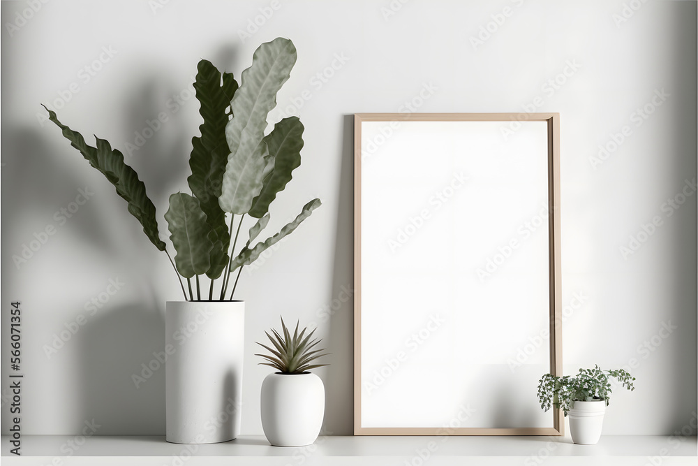 Empty vertical frame mockup in modern minimalist interior with plant in trendy vase on white wall background. Template for artwork, painting, photo or poster