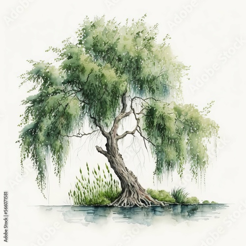 Slika na platnu Leaning Willow Tree, Watercolor Painting Style [Generative AI]