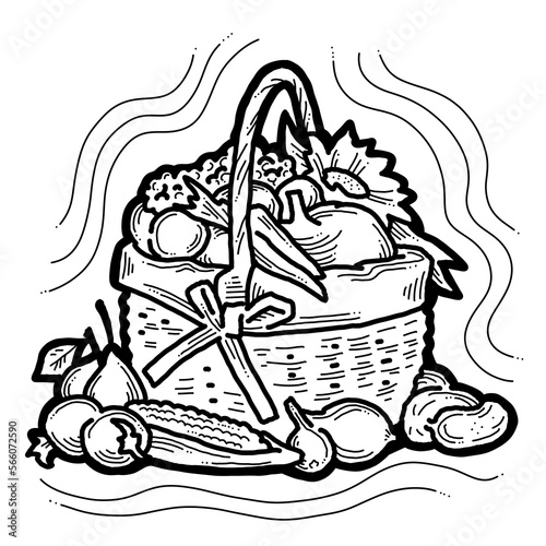 Tasty fresh fruits and vegetables in basket for healthy eating, vegan and vegetarian lifestyle. Garden harvest, market shopping, grocery store. Hand drawn illustration. Cartoon retro vintage drawing.
