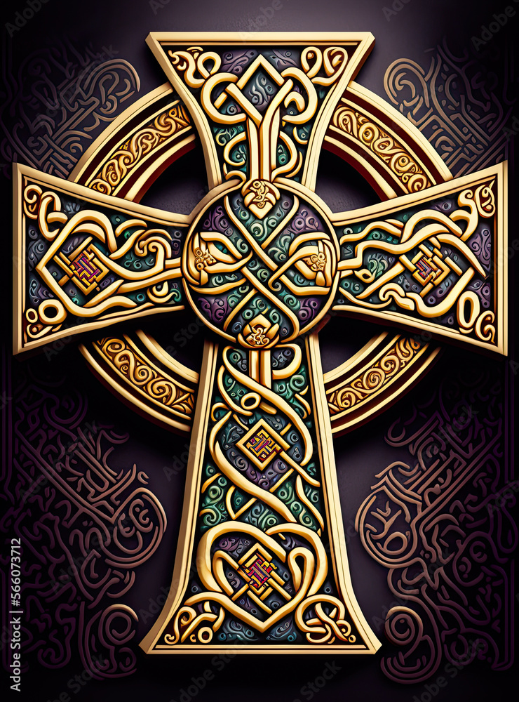 Celtic cross, illuminated manuscript style. Generative AI
