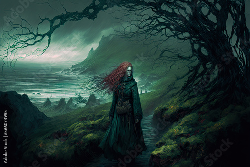 Red haired banshee, Irish landscape, path, raining, dark, moody. Generative AI