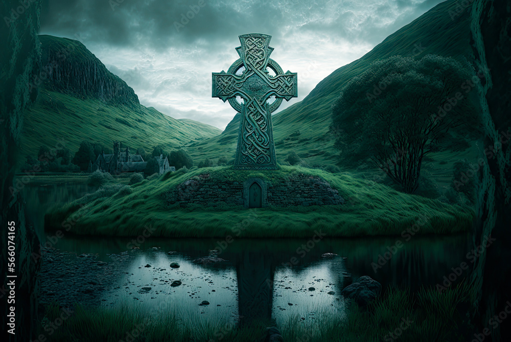 Irish landscape, giant Celtic cross over burial mound with door. Generative AI - obrazy, fototapety, plakaty 