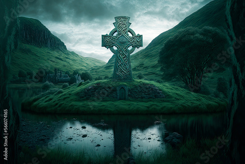 Foto Irish landscape, giant Celtic cross over burial mound with door