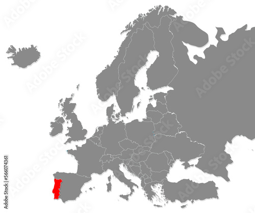 Map of Portugal highligted with red in Europe map