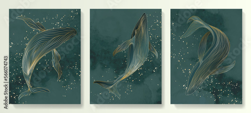 Photo Dark blue art background with hand drawn whales in gold line style