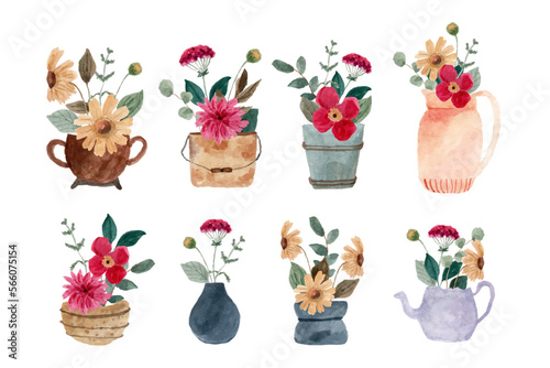 rustic flower in pot watercolor collection