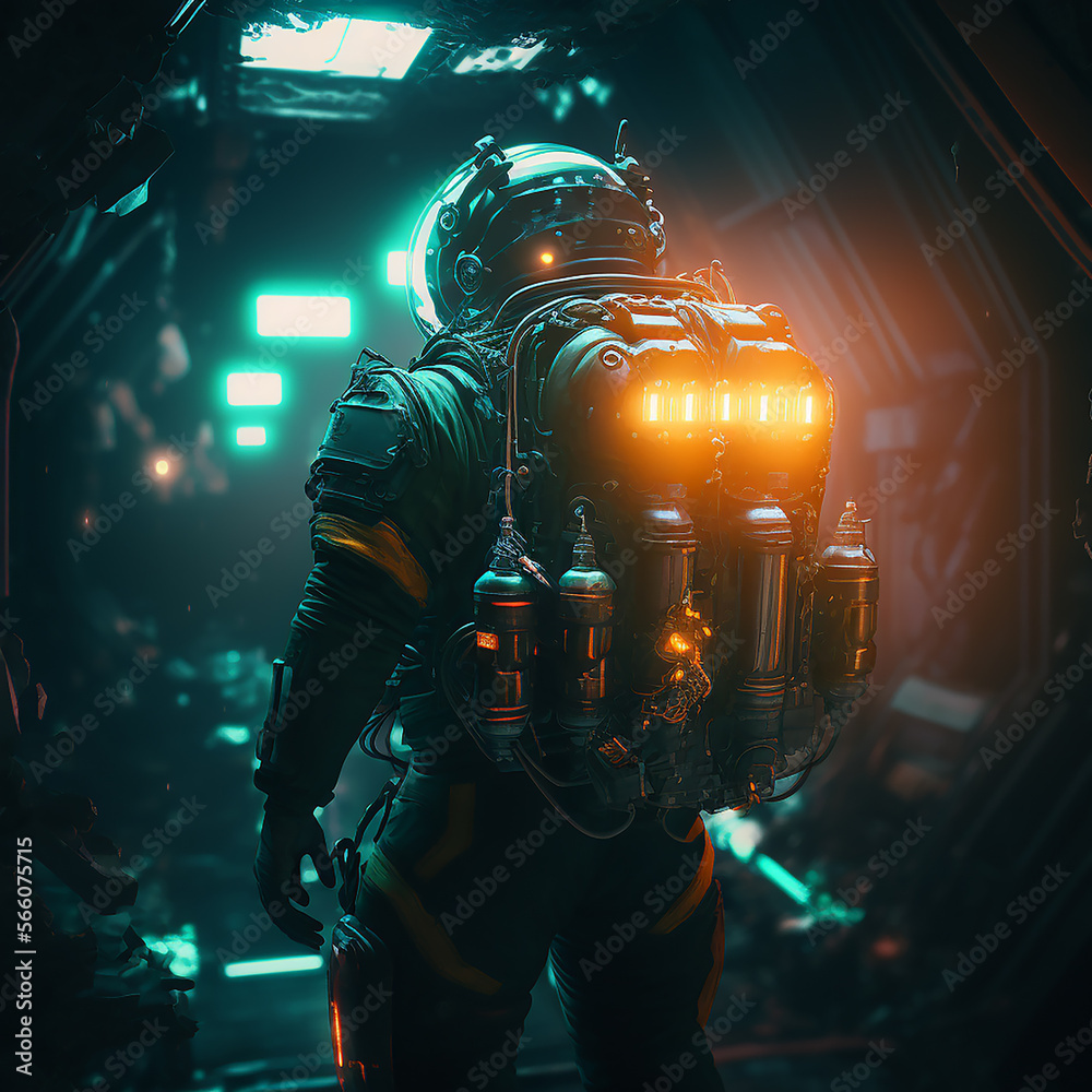 Astronaut inside a spaceship with a backpack on his back, Generative AI Astronaut inside a spaceship with a backpack on his back, Generative AI