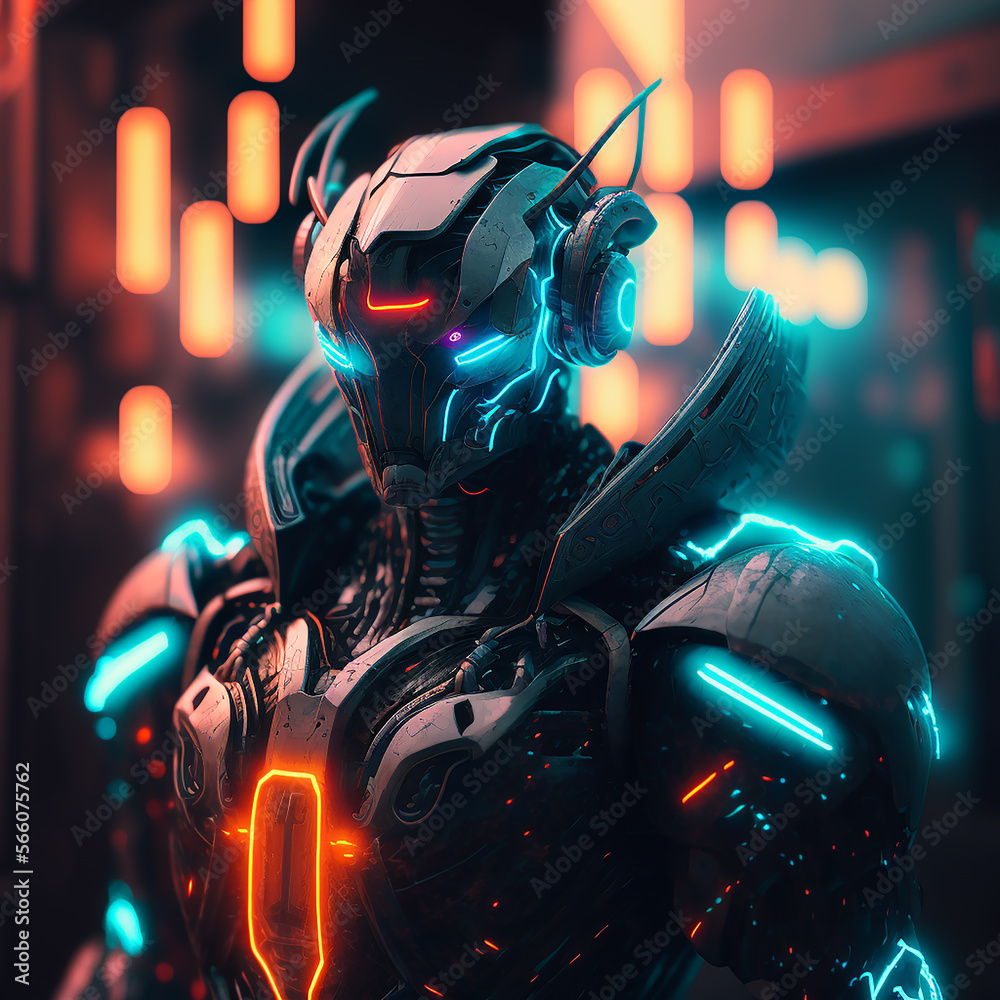 A robot with an electric personality, dressed in neon lights, and possessing the ability to harness and control electricity, Generative AI