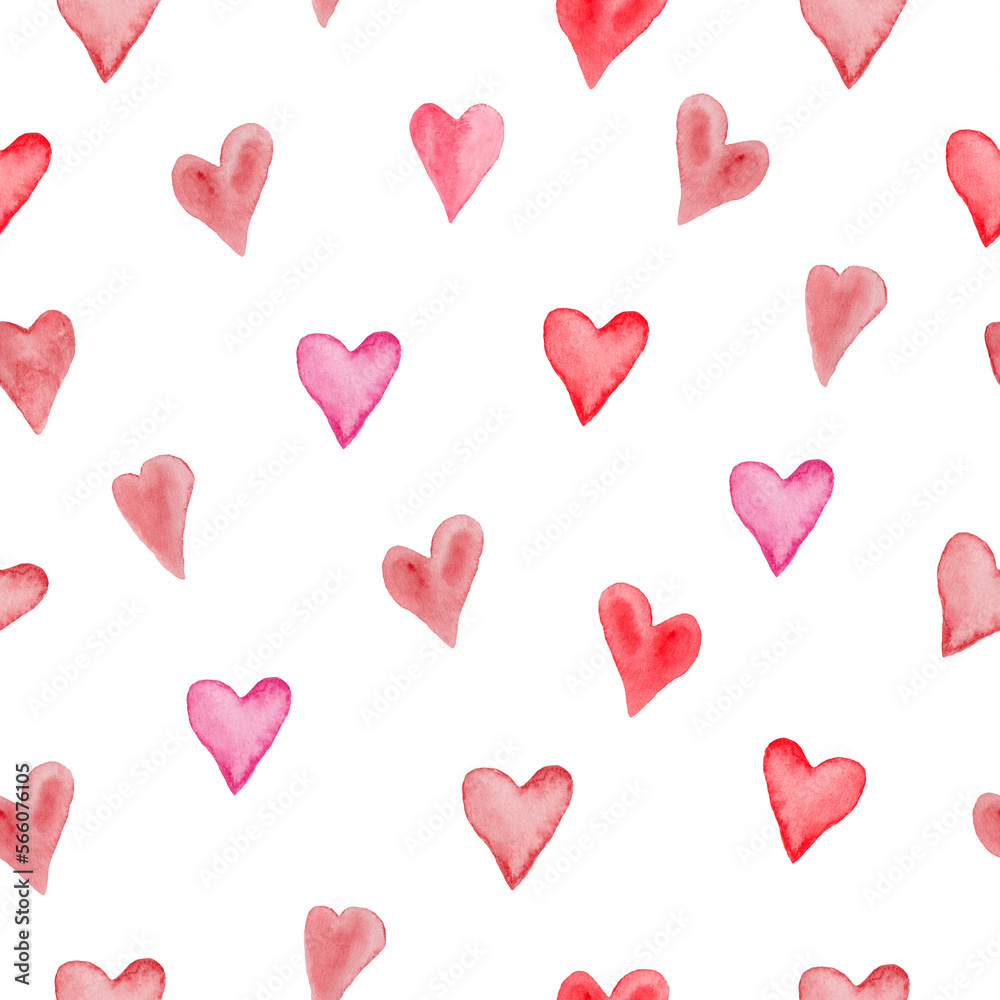 Watercolor seamless pattern with abstract red hearts. Hand drawn illustration isolated on white background.