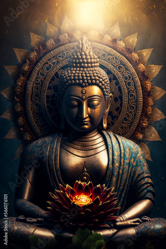 Statue of Buddha. Spiritual Lotus Flower. 