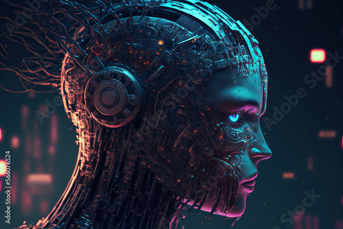 Cyberpunk depicting the dominance of artificial intelligence over humans. Brain  Sci-fi  AI.