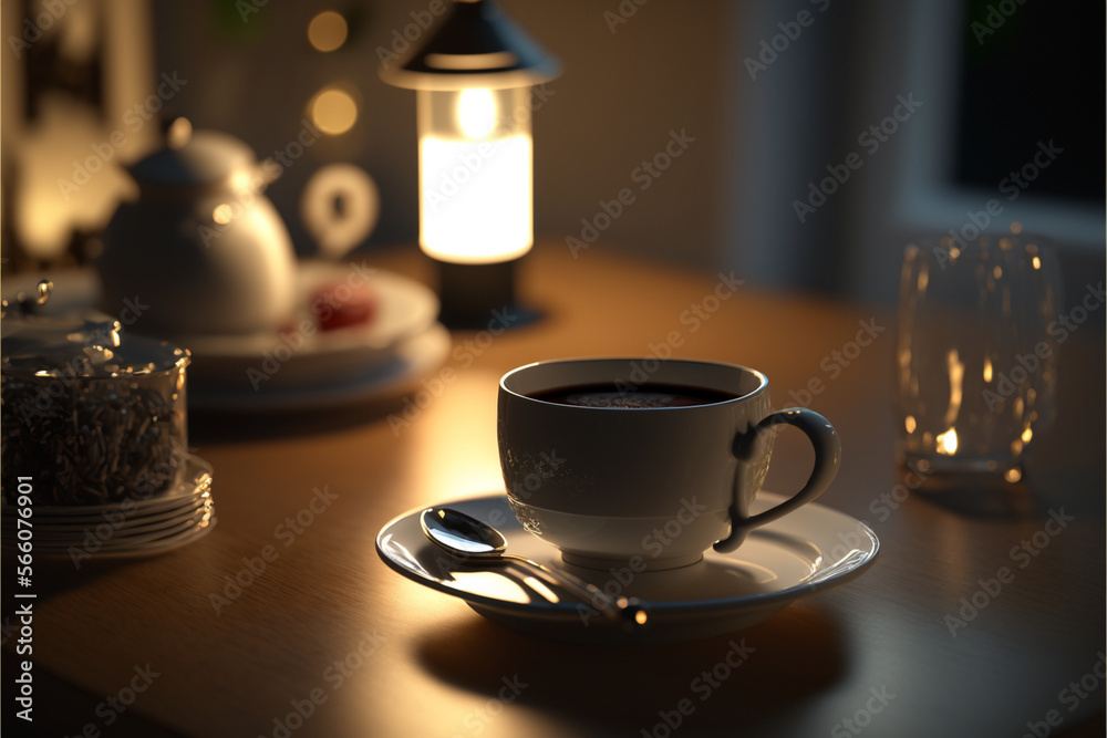 Cup of coffee on a fine dining table in the kitchen with comfortable light and romantic lights. Generative IA