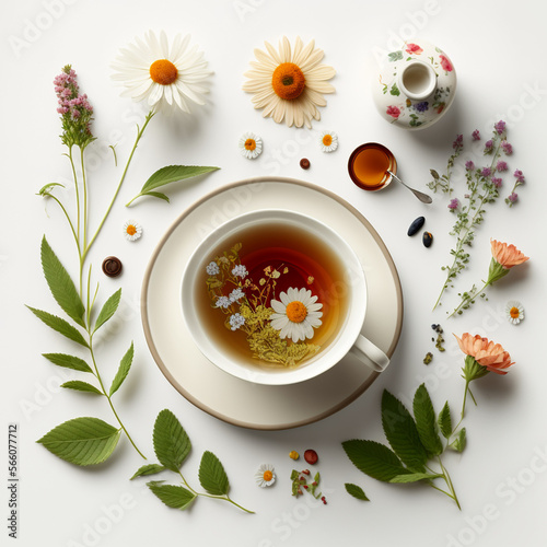 Flat lay photo of tea with flowers around, Generative AI