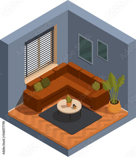 isometric living room interior with corner sofa and flowers, vector illustration