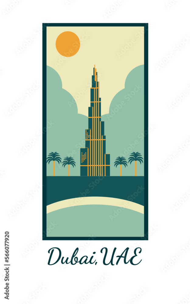 Dubai UAE travel and tourism poster for postcard or background 