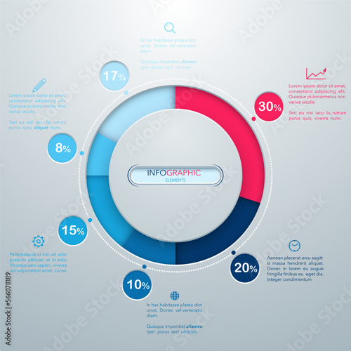 Simple colourful pie chart, timeline, graph, diagram. Red and blue bars. Infographic elements. Vector illustration.