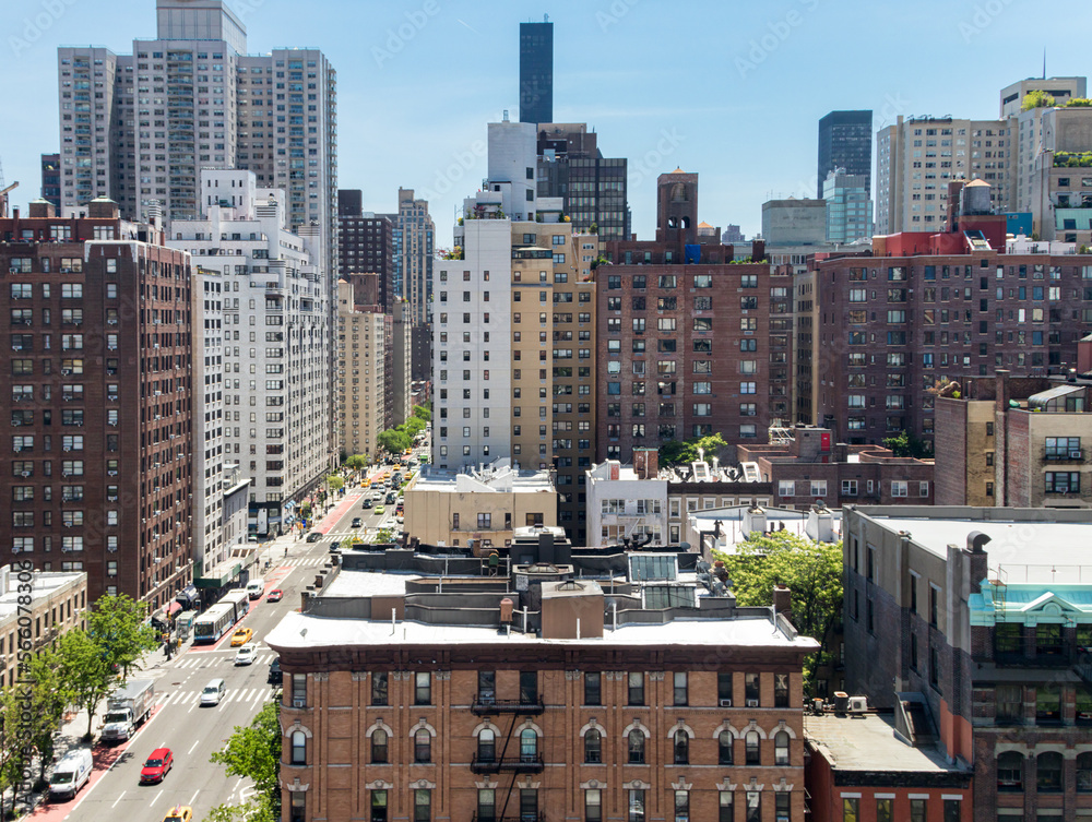 Overhead view of the crowded buildings on First Avenue in New York City, seen from the Roosevelt Island Tramway