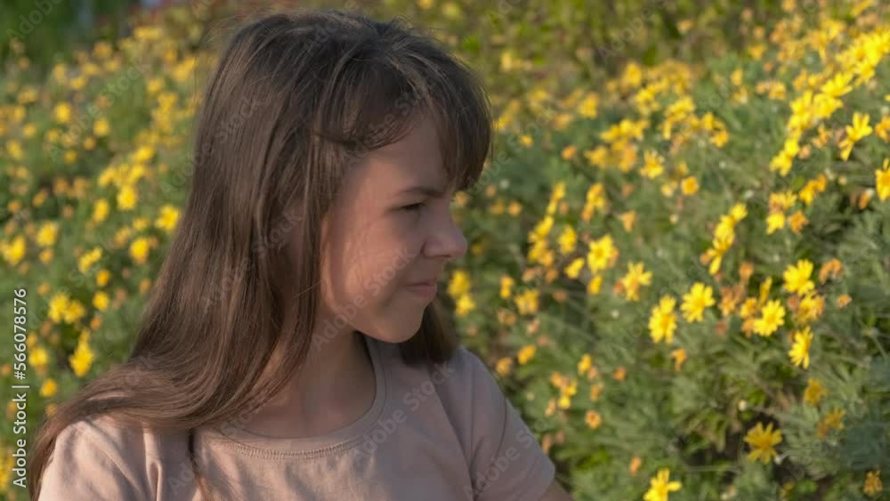 Spring allergy to pollen. A young girl rubs her allergy-itchy eyes. Spring allergy to pollen. A young girl rubs her allergy-itchy eyes.
