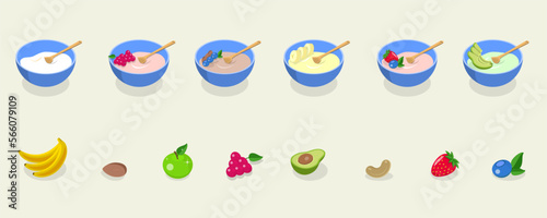 3D Isometric Flat Vector Conceptual Illustration of Cereal Breakfast, Bowls with Porridge, Fruits, Yogurt and Berries