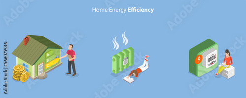 3D Isometric Flat Vector Conceptual Illustration of Home Energy Efficiency, Low Heating Resource Consumption