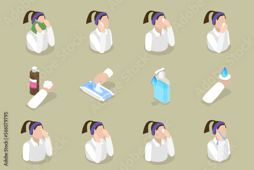 3D Isometric Flat Vector Conceptual Illustration of Make Up Removal, Facial Cleaning, Moisturizing, Skincare Procedures