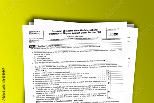 Form 1120-F (Schedule S) documentation published IRS USA 11.13.2020. American tax document on colored