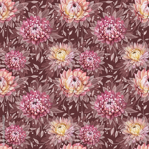 Seamless pattern watercolor boho bouquet flower of chrysanthemums on red background. Hand-drawn pink dry herbarium plant for wedding celebration. Art for wallpaper wrapping sketchbook, decor interior © NatashaKun